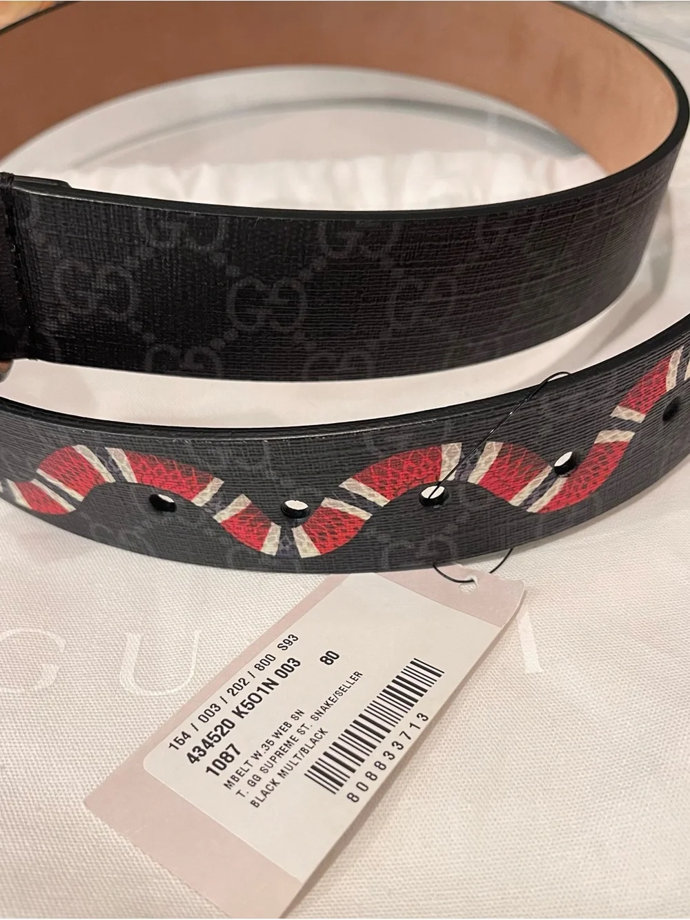 NWT Gucci Black Leather Belt with Red and White Snake Detail